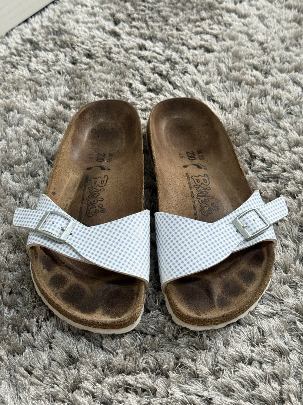 Birkis Birkenstock Sandals Womens 36 US 5 Madrid Blue Gingham Plaid Slide